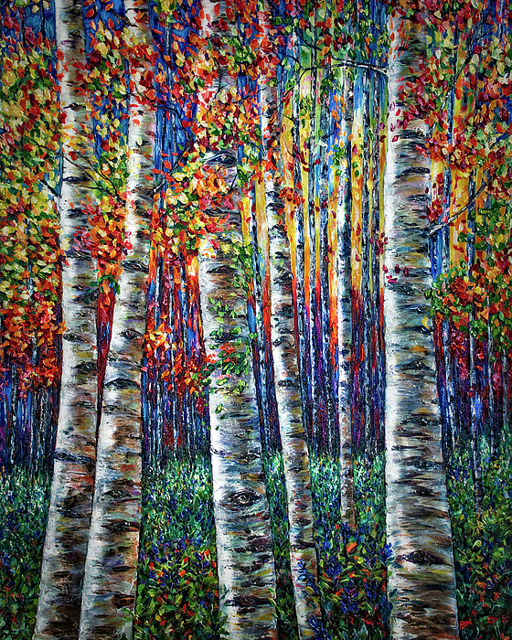 Lena Owens - OLena Art Vibrant Palette Knife and Graphic Design - Autumn Birch Symphony -  impressionistic Palette Knife