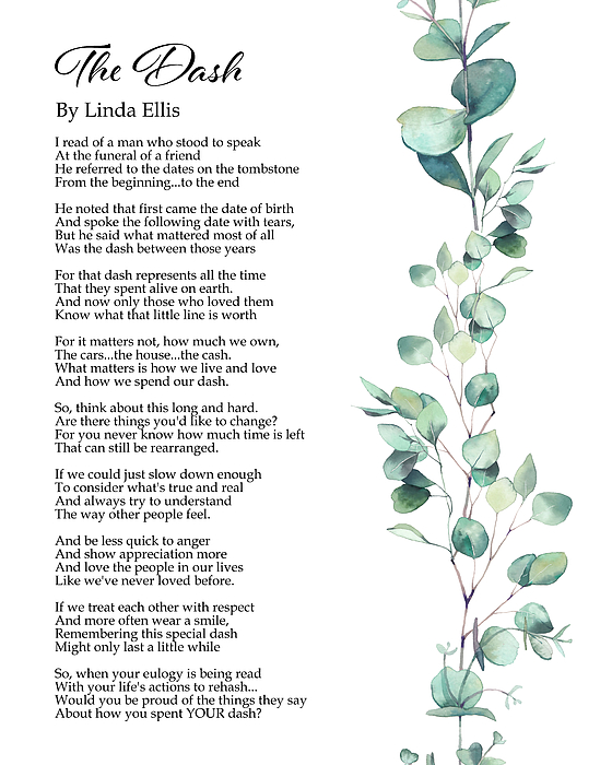 The Dash Poetry Print - Poem By Linda Ellis - Live Your Dash - Funeral  Reading Jigsaw Puzzle