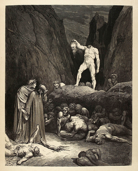 The severed head of Bertrand de Born speaks to Dante Illustrated