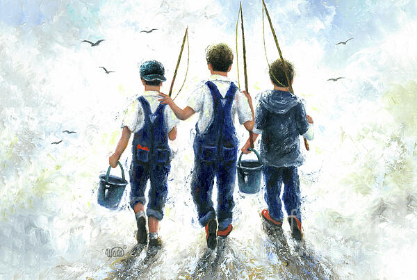 Three Boys Going Fishing Beach Towel by Vickie Wade - Fine Art America