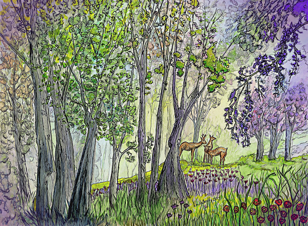 Linda Brody - Three Deer in the Woods Watercolor Abstract 1