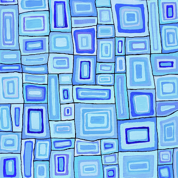 Lynnie Lang - TIMES SQUARED BLUES Abstract of Squares in Blue Navy Indigo Aqua Lavender Cubism