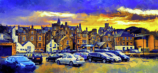 Nicko Prints - Town of Lerwick seen from the harbor at sunset - digital painting