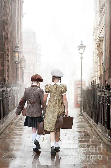 Two Anonymous 1940s Girls Walking With Suitcases Beach Sheet