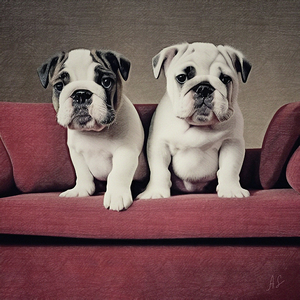 Antonia Surich - Two English Bulldog Puppies On The Sofa