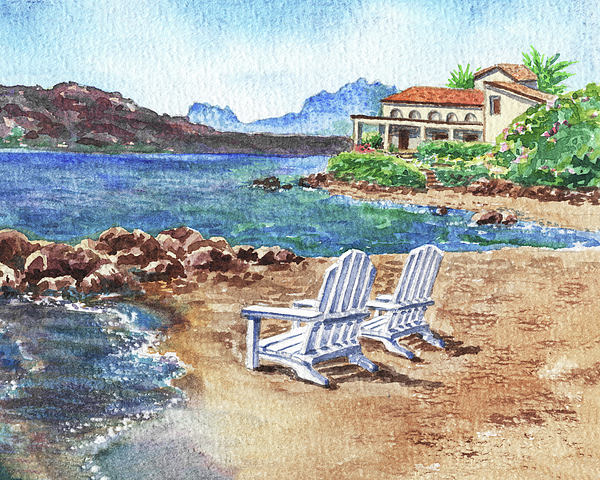 Irina Sztukowski - Two White Chairs At The Beach Old Town Cannigione Italy Sardinia Island Mountains Watercolor 