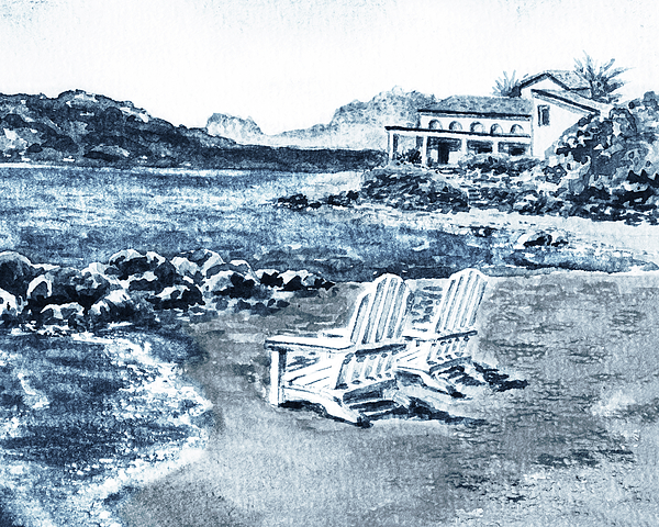 Irina Sztukowski - Two White Chairs Teal Blue Ocean Watercolor Seascape  