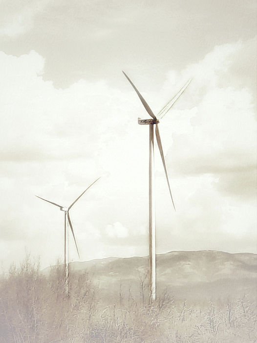 Antonia Surich - Two Wind Turbines, Artistic Landscape in Beige 