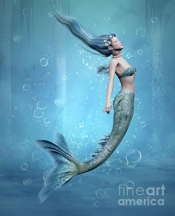 Underwater siren with blue hair Fleece Blanket by EllerslieArt
