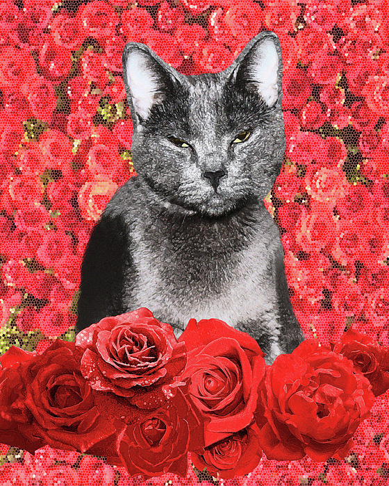 Valentine Red POOKIE ROSE CAT a la Louis Wain Tapestry by Loveday