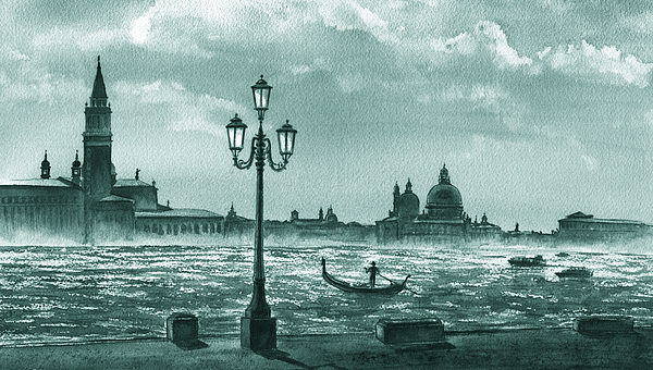 Irina Sztukowski - Venice Silhouette Grand Canal Gondola Italy In Teal Gray Watercolor 