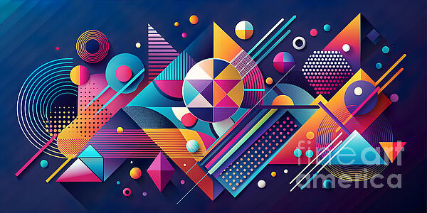 Odon Czintos - Vibrant geometric shapes interplay with dotted patterns and linear elements against a dark blue