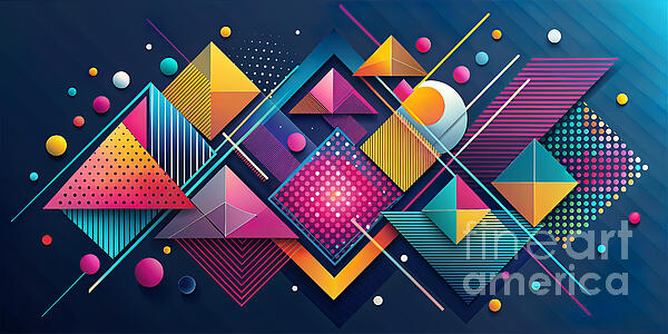 Odon Czintos - Vibrant geometric shapes overlay and intersect against a dark blue background