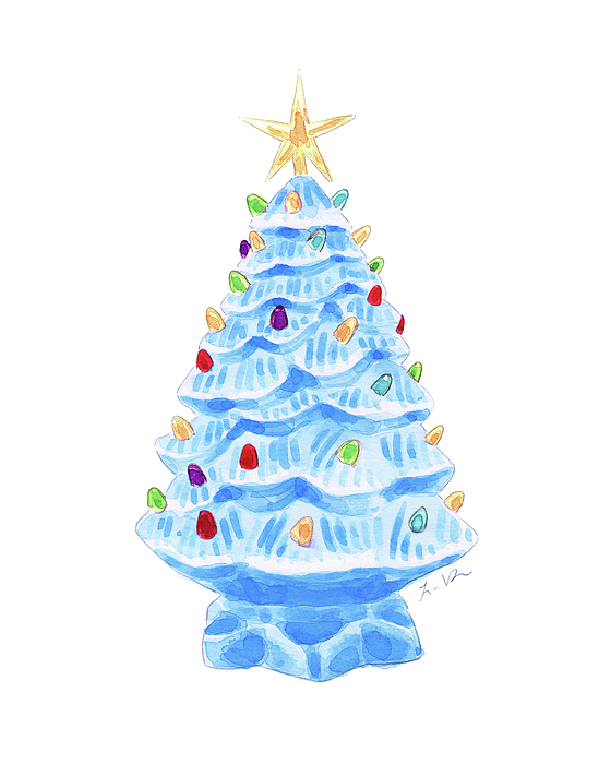 Vintage Blue Ceramic Christmas Tree with Gold Star Hand Towel by