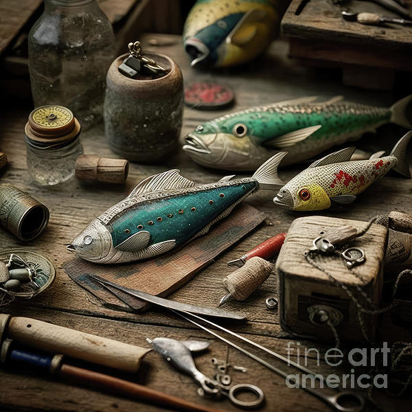 Vintage Fishing lures on Work Bench Bath Towel by Cindy Shebley
