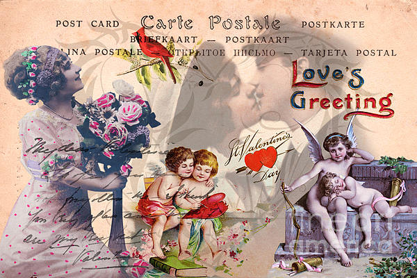 Vintage Valentine cards collage Greeting Card by Delphimages Photo Creations