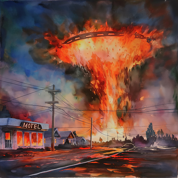 MAD PaperAirplanes - War of the Worlds Motel Fire Watercolor 299