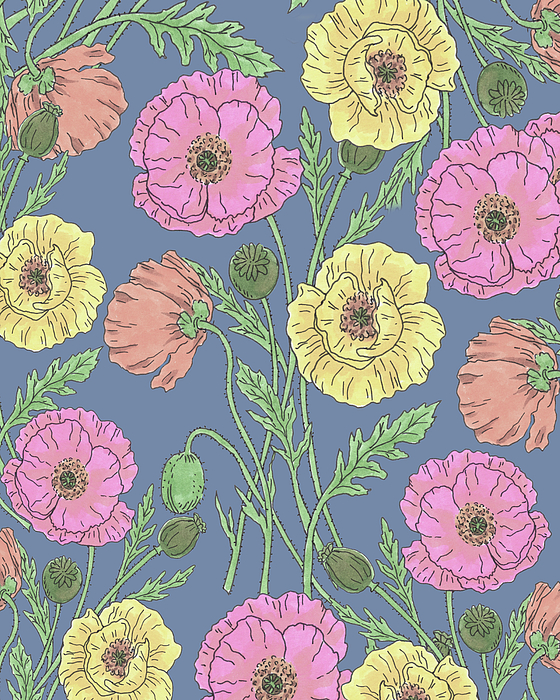 Irina Sztukowski - Watercolor Poppy Flowers Wildflowers Pattern On Soft Dusty Pastel Indigo Blue