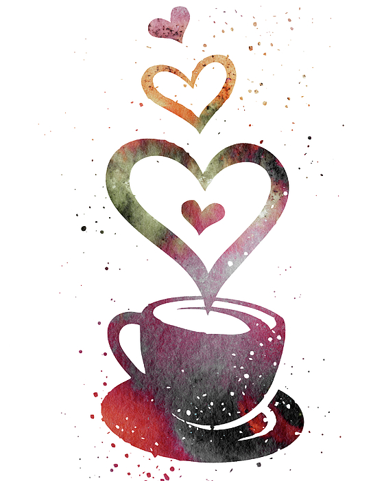 Irina Sztukowski - Watercolor Silhouette Of A Coffee Cup With Sweet Warm Delicious Hearts I