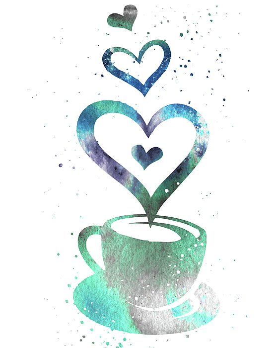 Irina Sztukowski - Watercolor Silhouette Of A Coffee Cup With Sweet Warm Delicious Hearts II