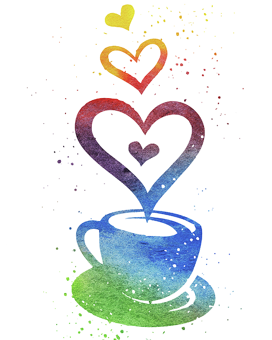 Irina Sztukowski - Watercolor Silhouette Of A Coffee Cup With Sweet Warm Delicious Hearts III