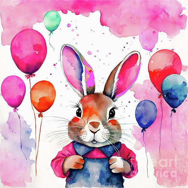 Jolanta Anna Karolska - Whimsical bunny with pink balloons
