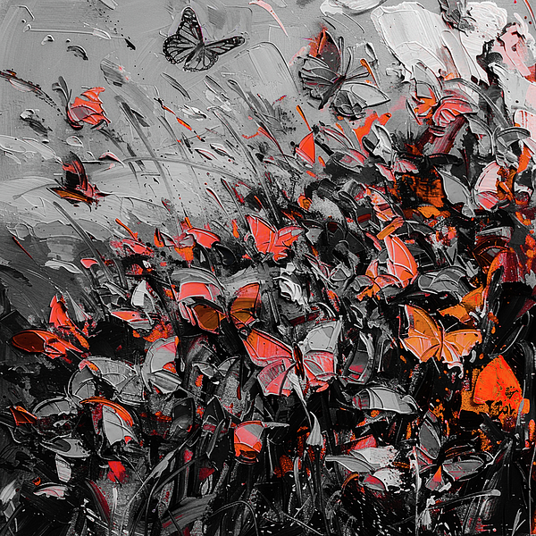 Patty Lacefield - Whispers of Crimson A Grayscale Symphony with Red Butterflies in Wildflower Meadows