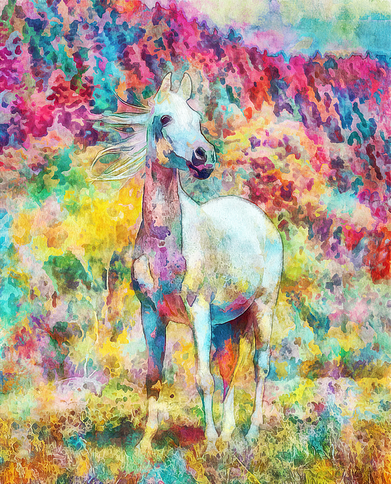 White Arabian horse sitting in front of a mountain forest - warm pastel  colors Art Print by Nicko Prints - Nicko Prints - Artist Website