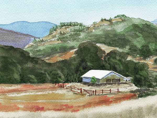 Irina Sztukowski - White Barn Hills And Fields Watercolor Landscape 