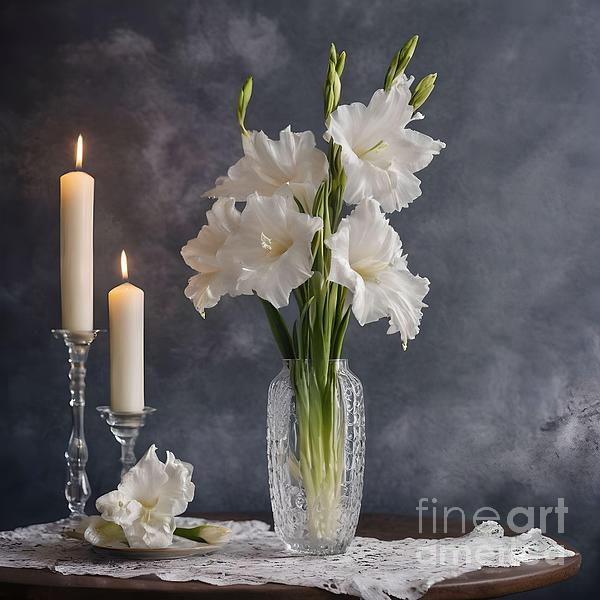 Charlene Adler - White Gladiola Elegant Stiill  Life with Candles