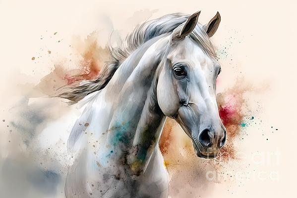 N Akkash - White purebred Arab horse on a watercolor painting. 