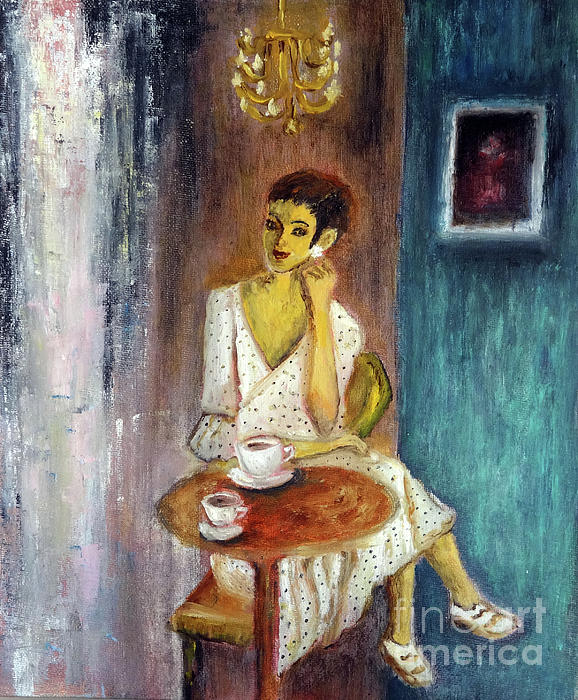 Indrani Ghosh - Woman at a Cafe Oil Painting