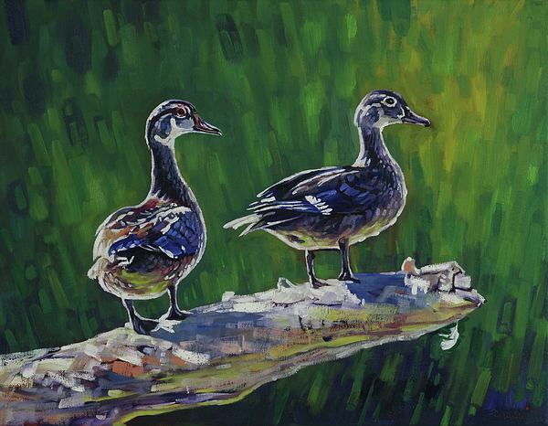 Phil Chadwick - Wood Ducks Standing on the Log By the Bay