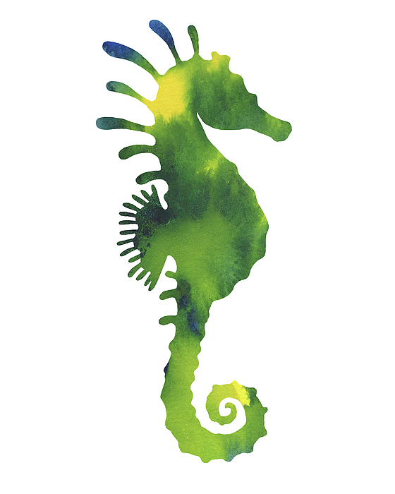 Irina Sztukowski - Yellow And Green Seahorse Watercolor Silhouette