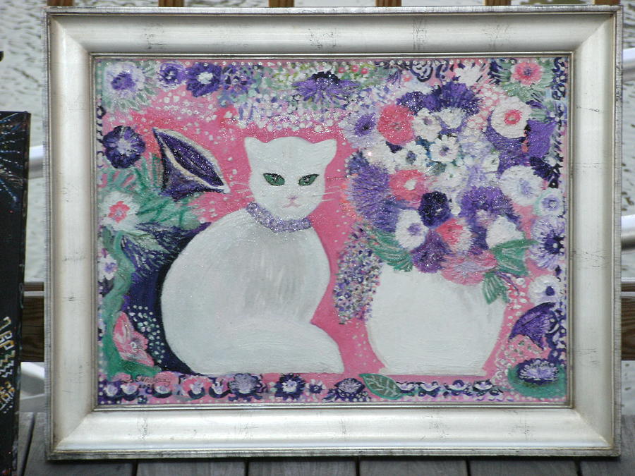 Flower Painting -    White Cat with Silver Frame by Anne-Elizabeth Whiteway