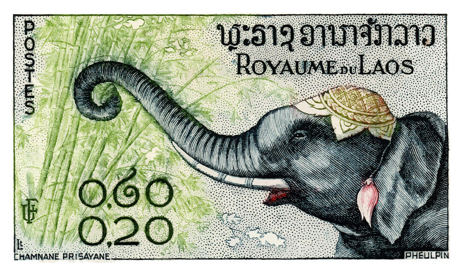 Elephant Digital Art -  1958 Laos Elephant Eating Bamboo Postage Stamp #1958 by Retro Graphics