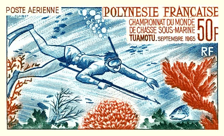 Tahiti Digital Art - 1965 French Polynesia Spearfishing Postage Stamp by Retro Graphics Tahiti Digital Art - 1965 French Polynesia Spearfishing Postage Stamp by Retro Graphics