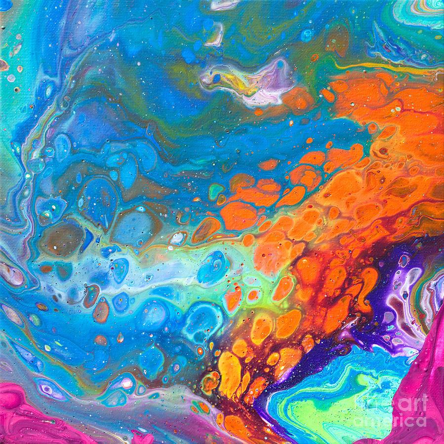 # 70 Blue Lime n Orange pour Painting by Priscilla Batzell Expressionist Art Studio Gallery