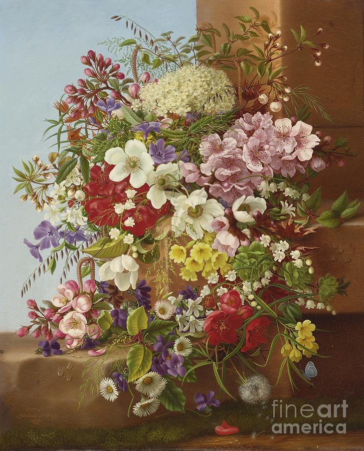  A bouquet of flowers on a stone ledge Painting by Celestial Images