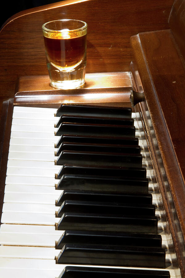 A Shot Of Bourbon Whiskey And The Black And White Piano Ivory K Photograph