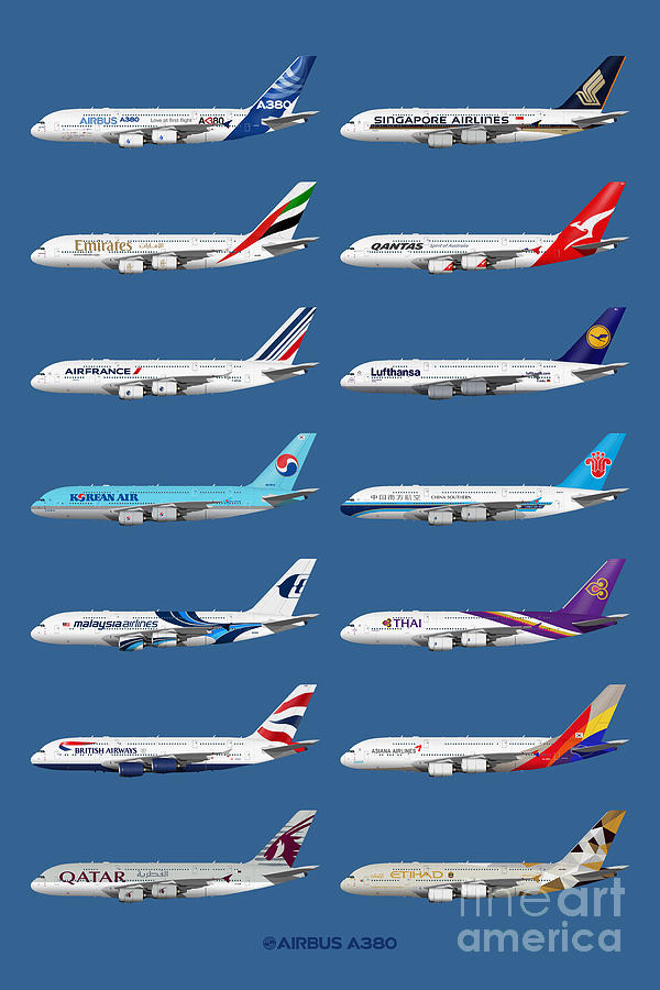 Airplane Digital Art -  Airbus A380 Operators Illustration - Blue Version by Steve H Clark Photography