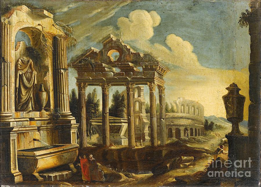  Architectural capriccio with ruins and the Colosseum Painting by Celestial Images