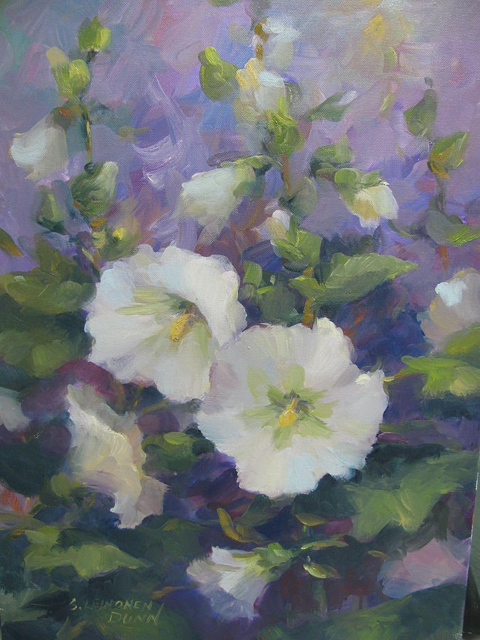 White Hollyhocks Painting -  August -White Hollyhocks  by Sandra Leinonen Dunn