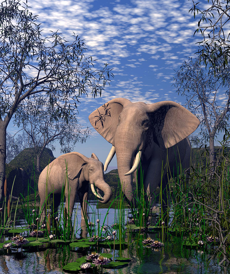  Baby elepant an mother at a pond Digital Art by John Junek