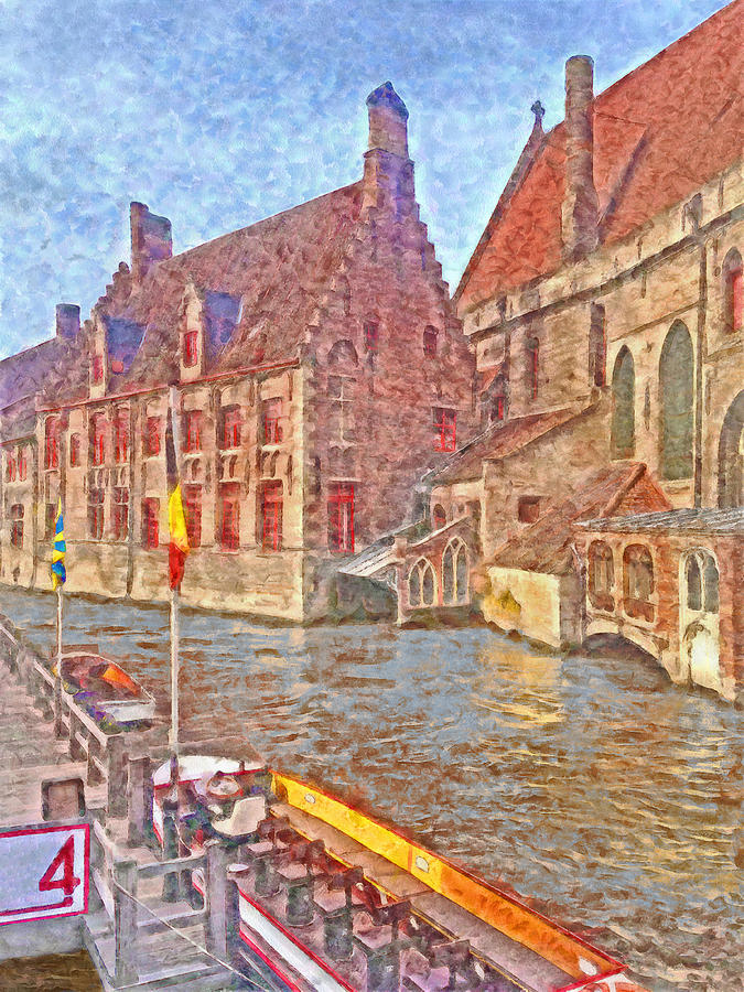  Boats Docked Along a Bruge Canal Digital Art by Digital Photographic Arts