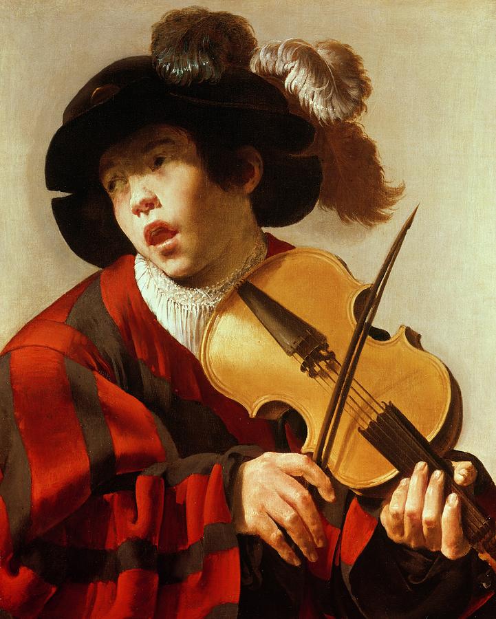 Boy Painting -  Boy Playing Stringed Instrument and Singing by Hendrick Ter Brugghen