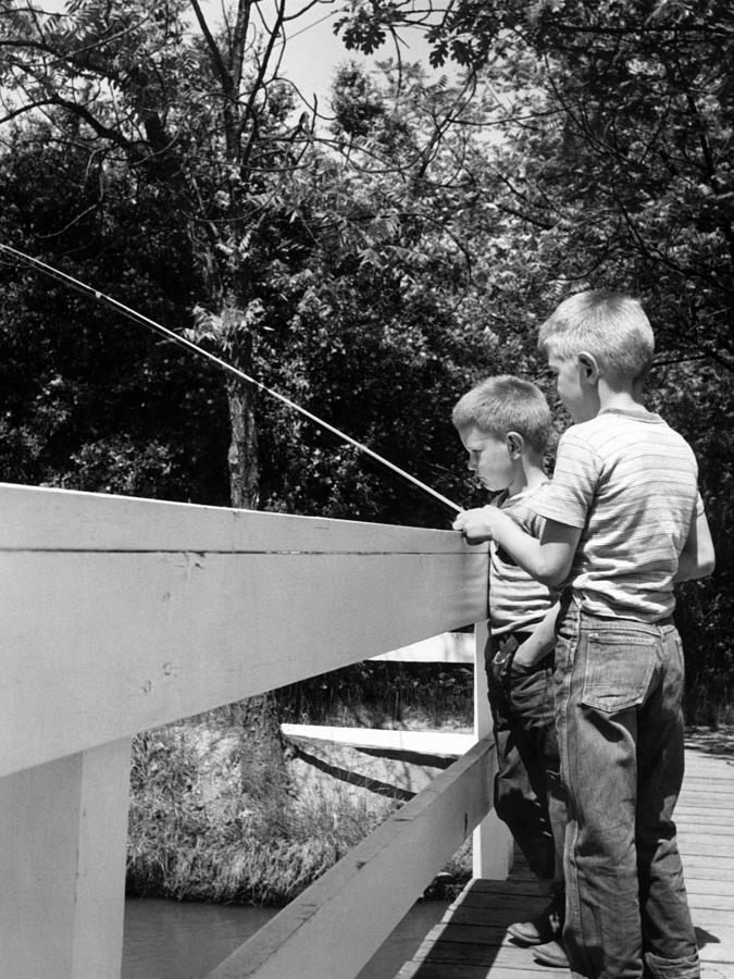 Boys Fishing Bridge Circa 1960 Black White 1950s Photograph by