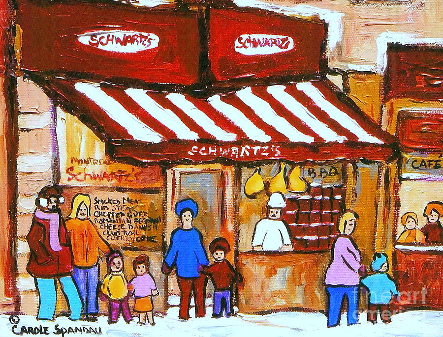  Chez Schwartz Deli Charcuterie  Vintage Montreal Winter Street Scene Painting by Carole Spandau