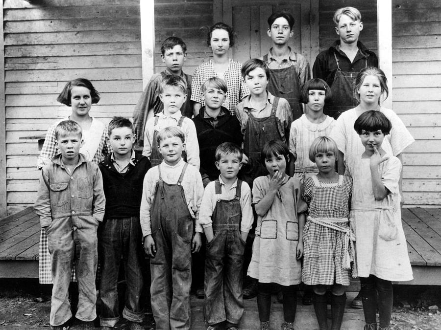Vintage Photograph -  Children Kids Posing In Front School House 1923 by Mark Goebel