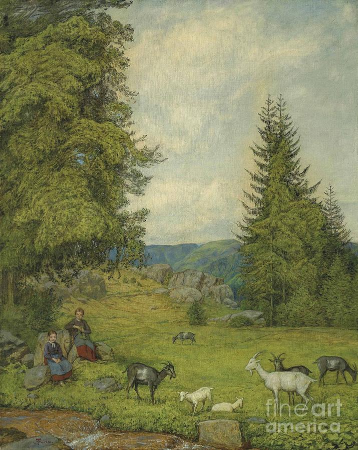  Children with goat herd  Painting by Celestial Images